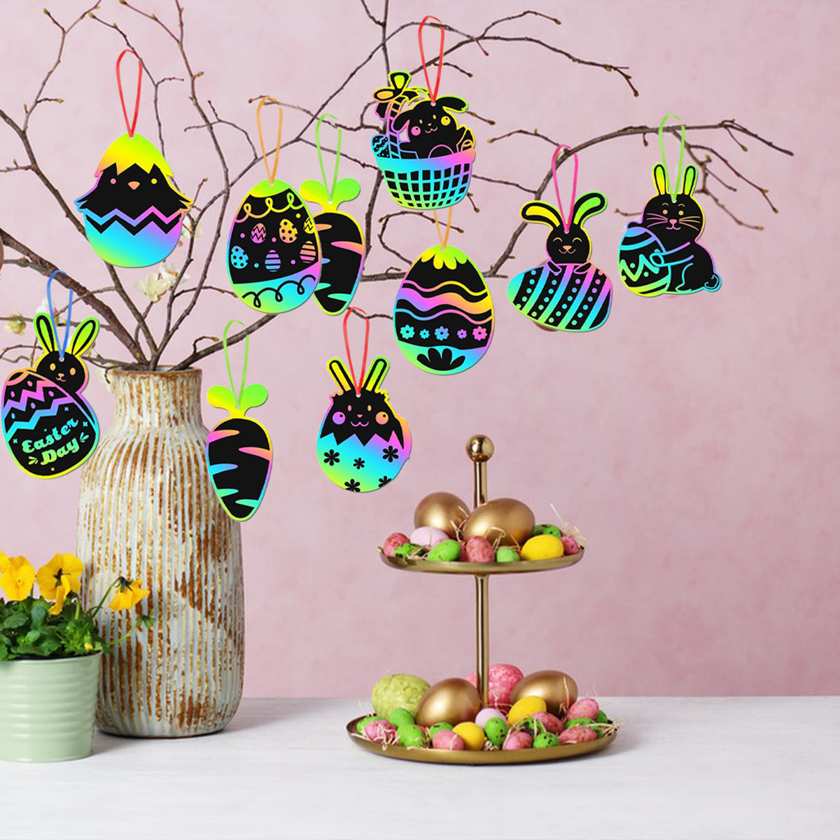 80 Pcs Easter Scratch Art Set - Paper Ornaments with Ropes & Sticks