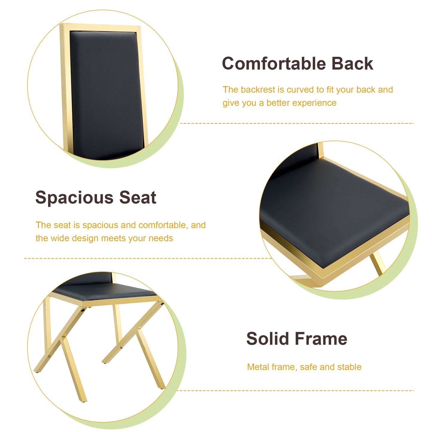 4-pack Gold Metal Framed Black PU Dining Chairs Ergonomic Design, A
