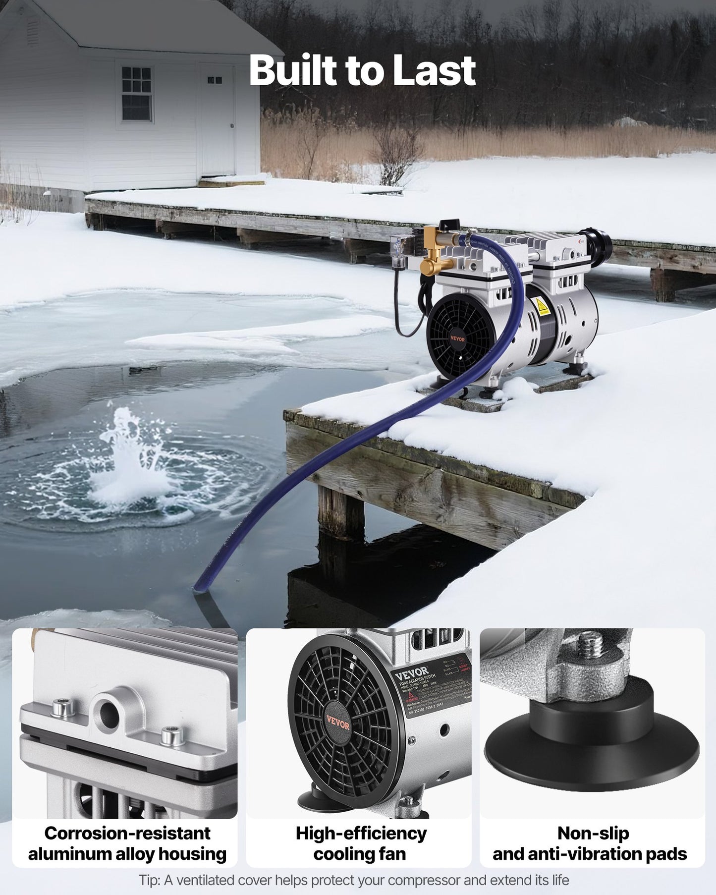 550W Pond Aerator Kit 3/4 HP 5.2 CFM for 3 Acre Water Oxygenation with Timer