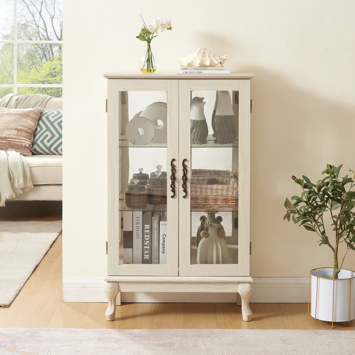 2-Door Lighted Curio Cabinet with Tempered Glass - White