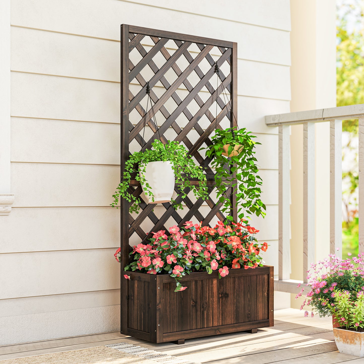 Wooden Raised Garden Bed Planter Box with Trellis and Drain Holes - Brown, 820x820x85 mm