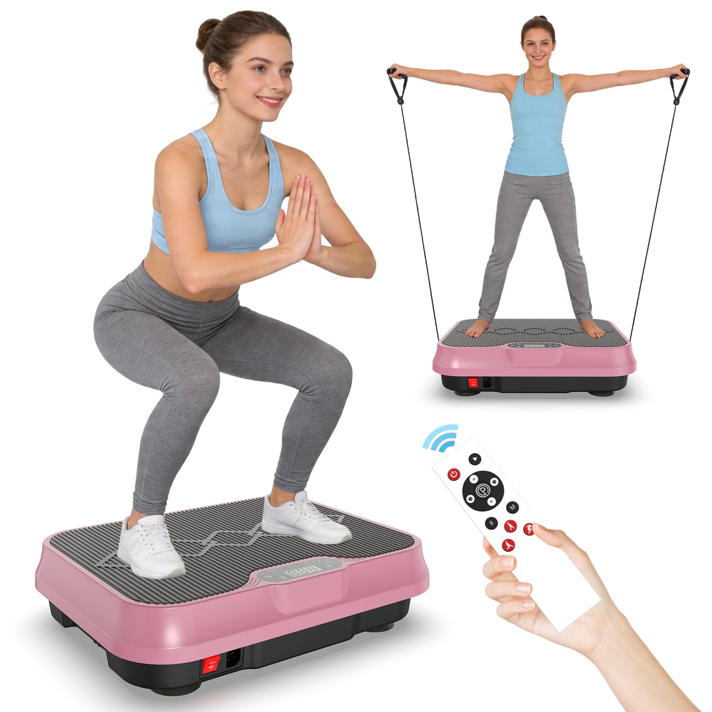 Vibration Plate Exercise Machine with Remote Control & Resistance Bands - Rose Red