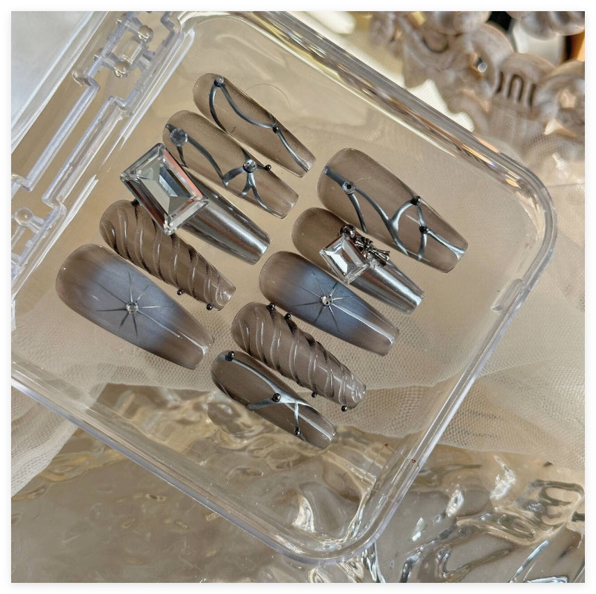 Handmade Long Star Diamond Press-On Nails - Multiple Sizes & Tool Kits