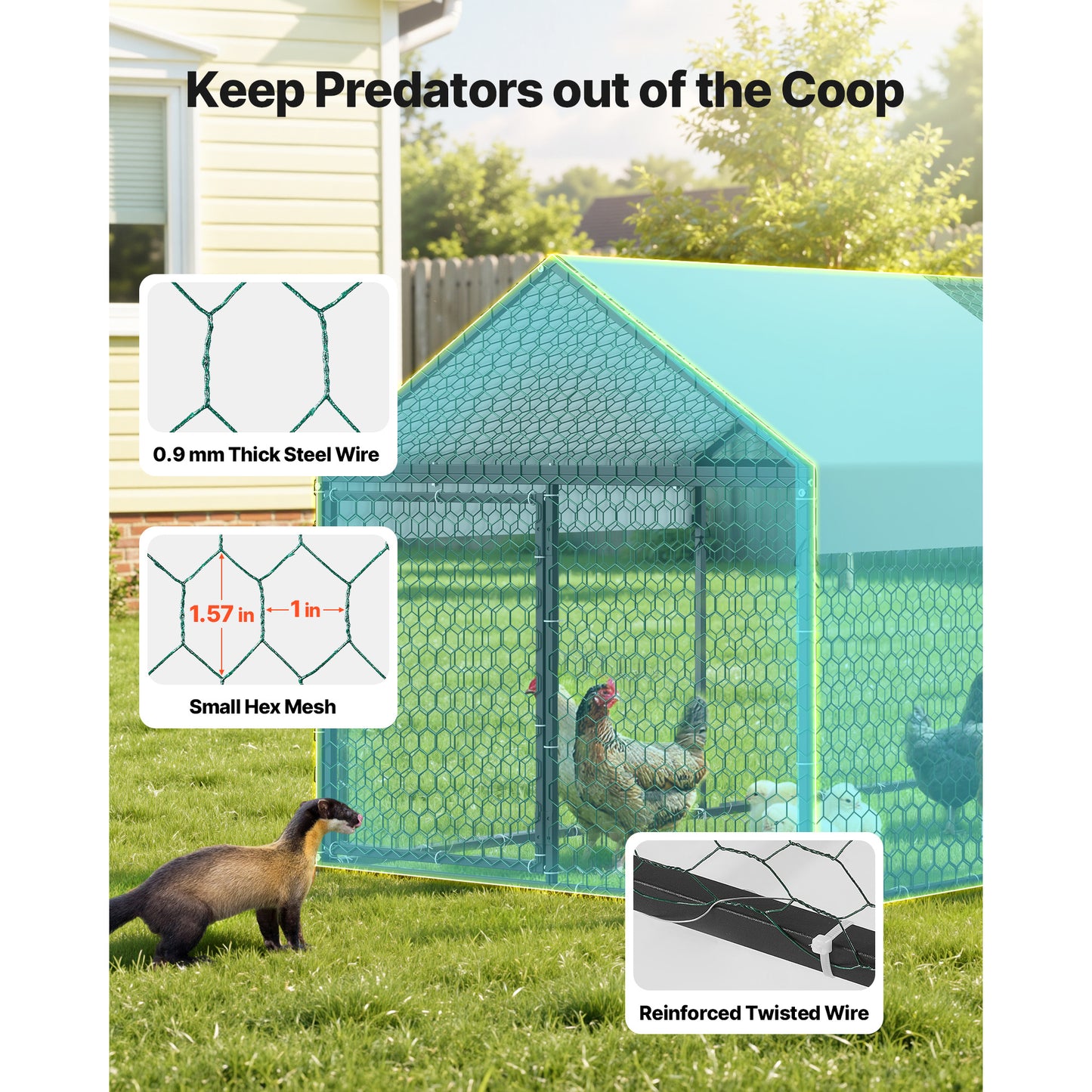 Metal Chicken Coop for 4-6 Chickens with Waterproof Cover & Double Doors - 3.3x6.6ft Poultry Run, Suitable for Rabbits, Ducks, Geese
