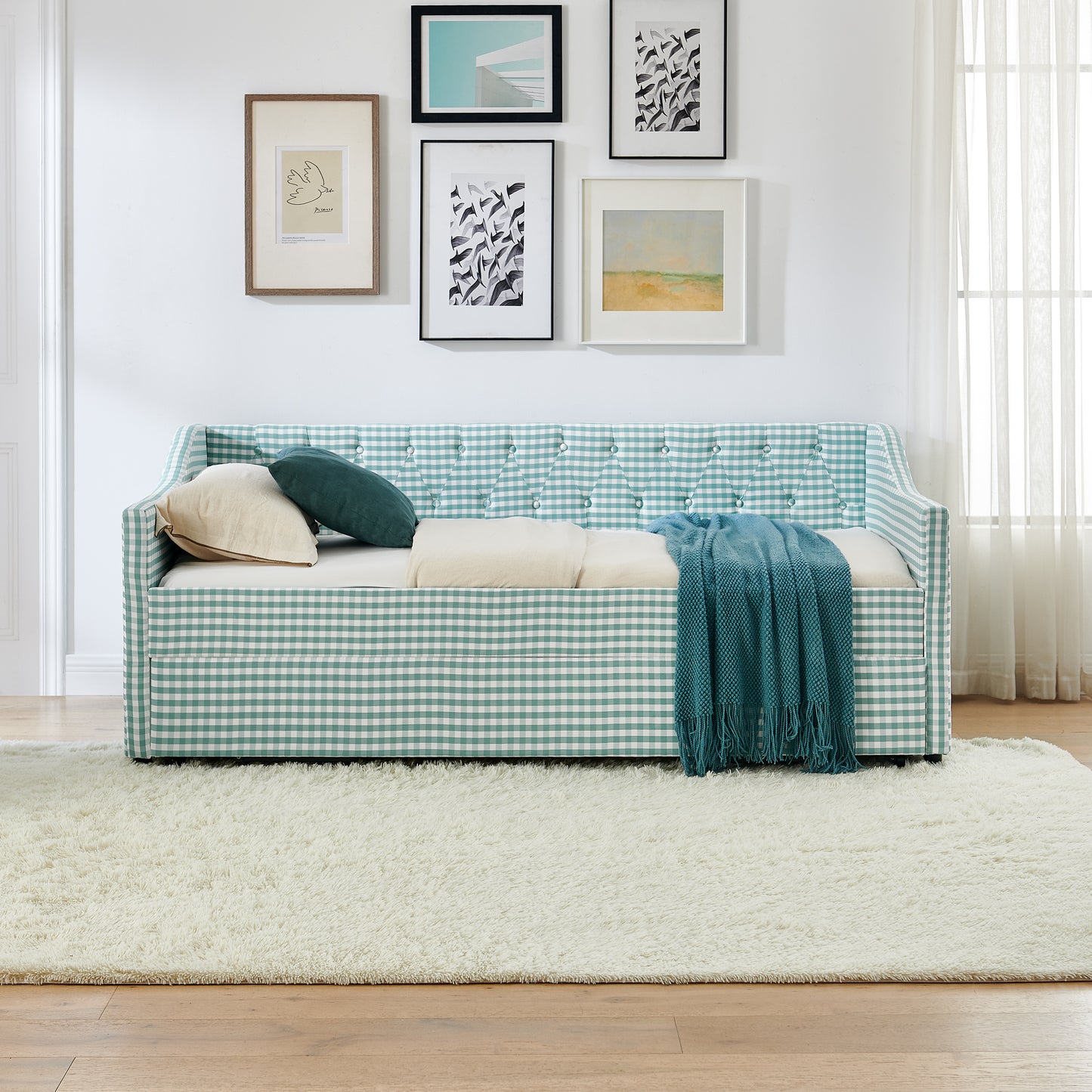 Twin Size Upholstered Daybed with Pull-Out Trundle & Storage - Cyan