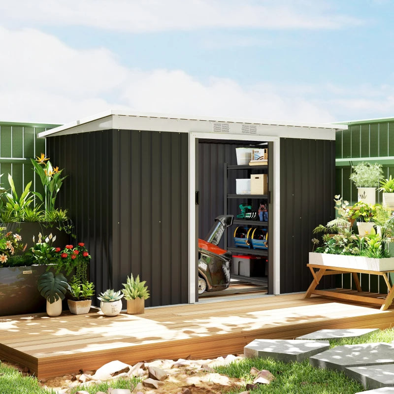 Galvanized Steel Outdoor Storage Shed with Lockable Double Doors - Gray