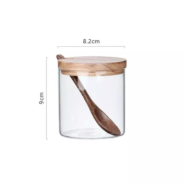 Glass Spice Jar Set with Wooden Lids and Spoon - 3PCS Kitchen Storage Containers