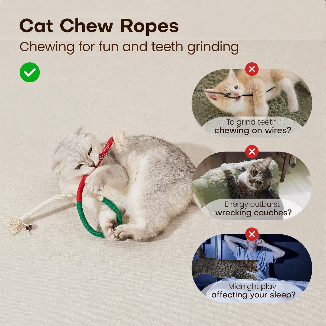 Multicolor Cat Chew Ropes with Refillable Natural Catnip - Teething & Dental Care Toys