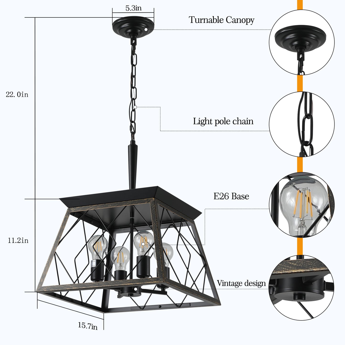 16-Inch Black Gold Industrial 4-Light Pendant Chandelier