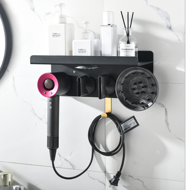 Punch-Free Wall Hair Dryer Rack - Double Wall Storage Shelf for Bathroom