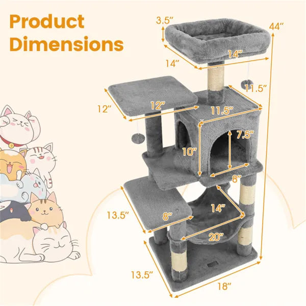 44-Inch Multi-Level Cat Tree with Top Perch, Condo & Hammock - Light Gray