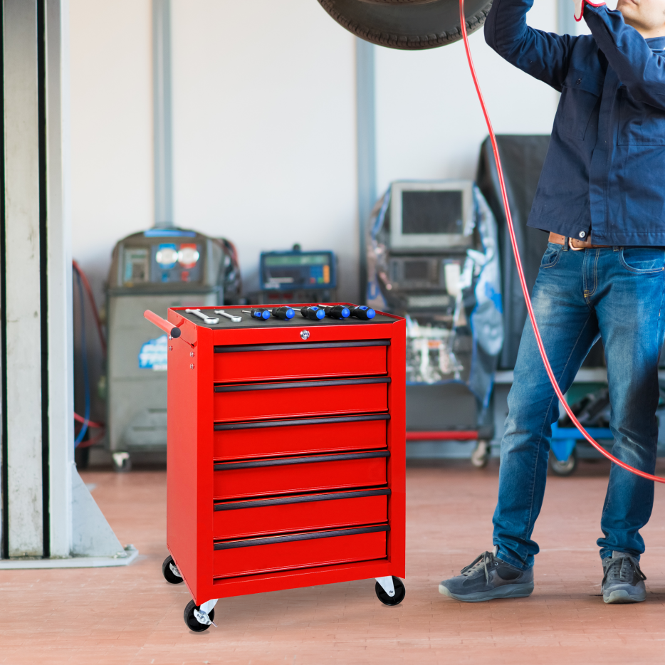 20-Inch Rolling Metal Tool Chest with 6 Drawers - Red