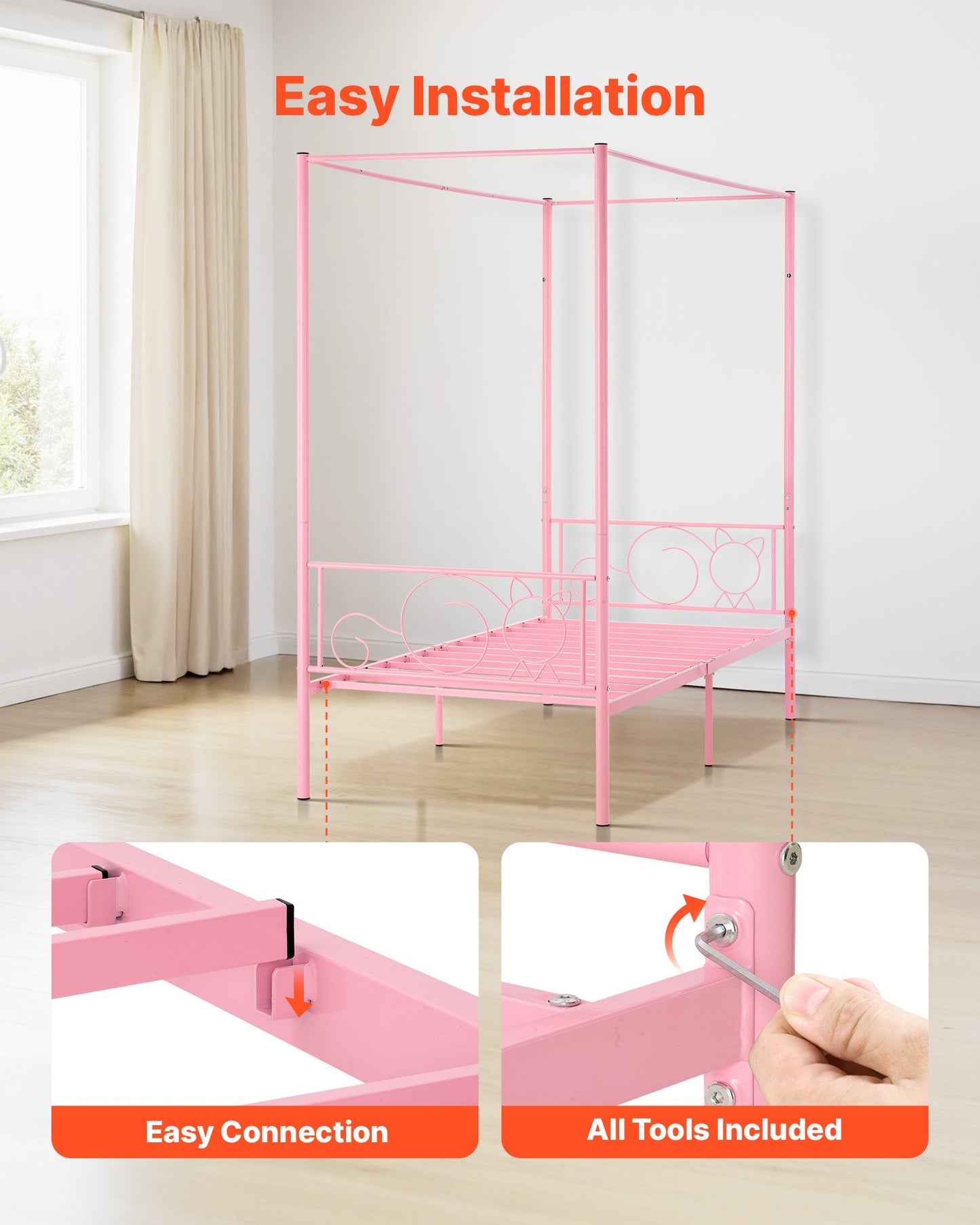 Twin Size Metal Canopy Bed Frame with Storage, Pink, Easy Assembly