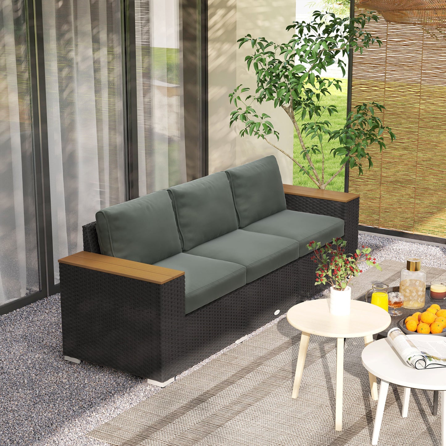 3-Seat Outdoor Sofa - PE Wicker Couch with 4" Cushions, Dark Gray
