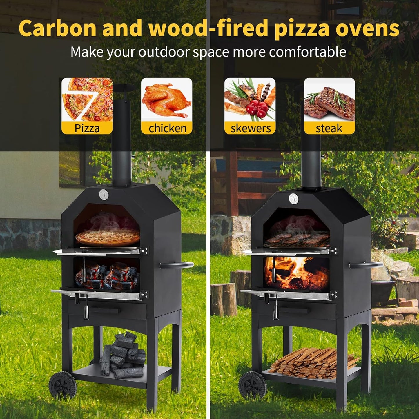 Outdoor Pizza Oven, Wood Fired Oven With Wheels For Outside, Portable