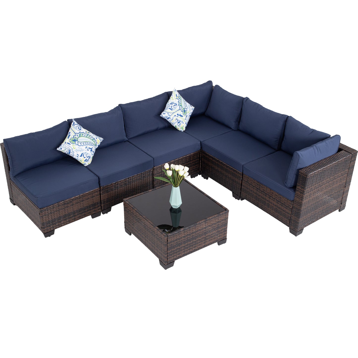 7-Piece Outdoor Patio Furniture Set - All-Weather Wicker Sectional Sofa with Cushions & Glass Table - Brown