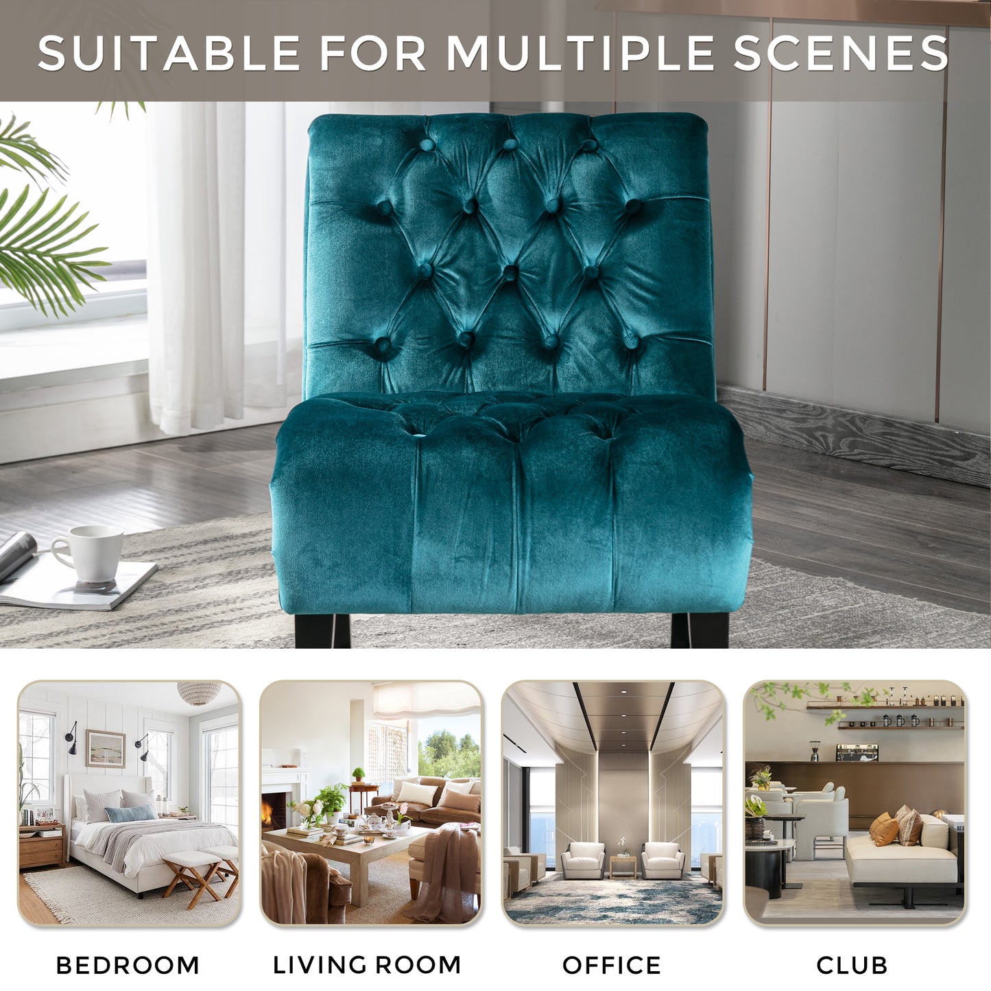 Teal Velvet Armless Accent Chair - Comfortable Upholstered Living Room Chair