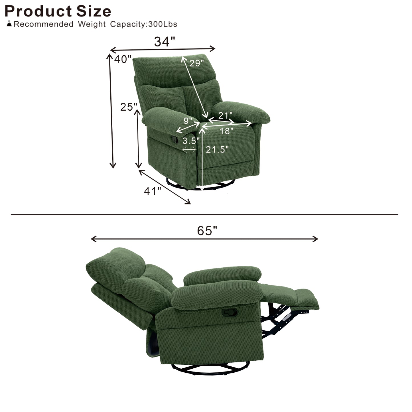 Modern Dark Green Swivel Rocker Recliner Chair - Plush Comfort