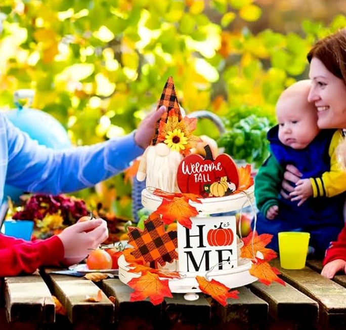 Autumn Gnome Tiered Tray Decor Set with LED Lights & Cards