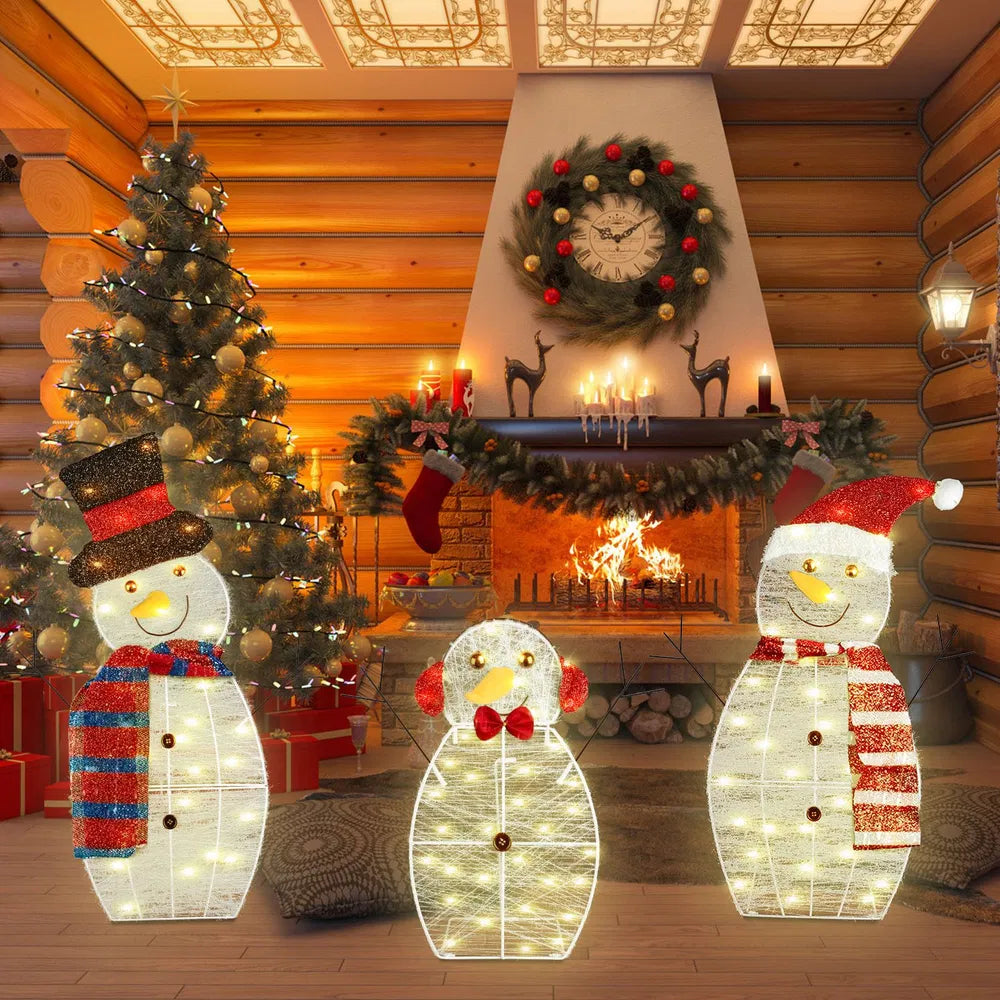3Pcs 2D Christmas Snowman Family Decoration with LED Lights
