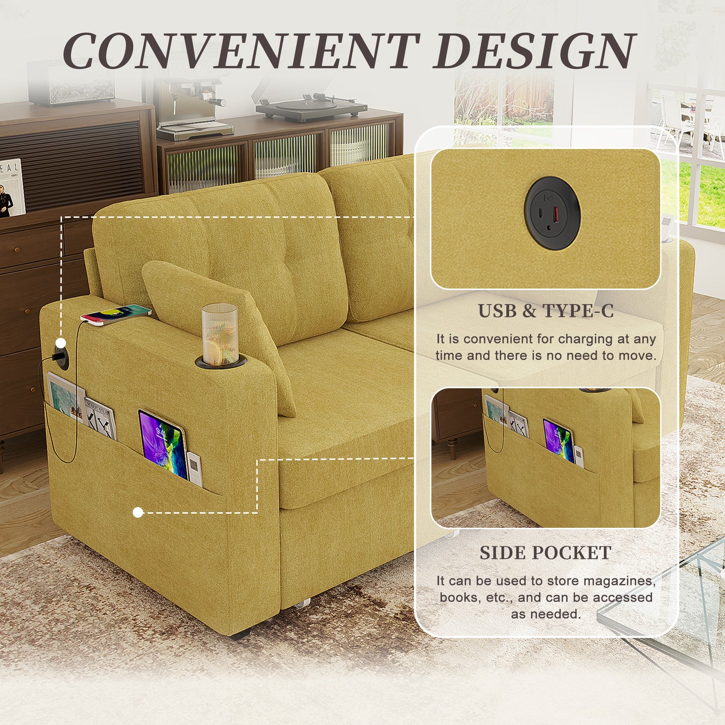 Modern 3-Seat Sofa with USB Charging & Storage - Mustard Yellow
