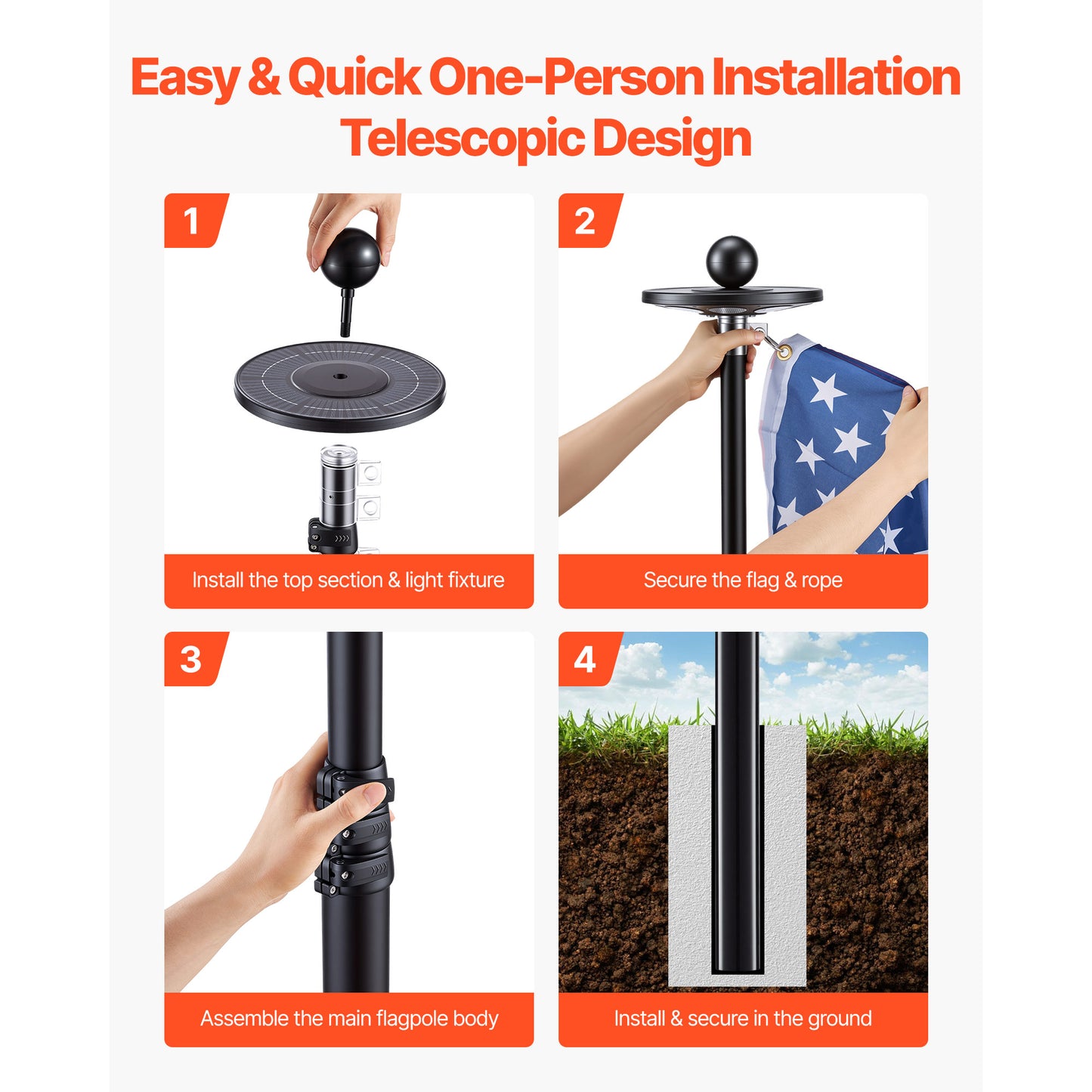 20ft Heavy Duty Telescopic Flagpole Kit with 136 LED Solar Light and American Flag for Yard and Outdoor Use