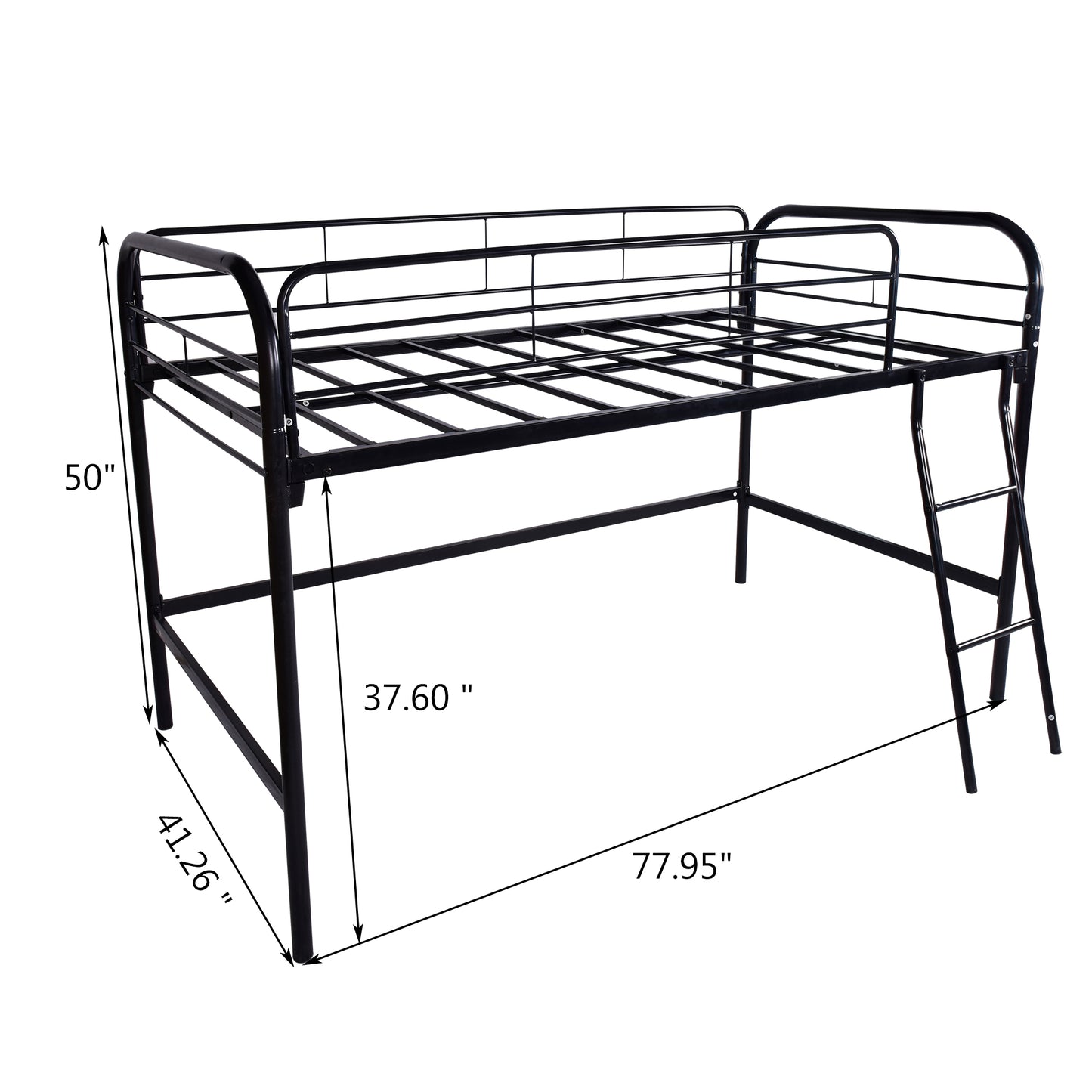 Twin Size Metal Loft Bed - Black with Full-Length Guardrails