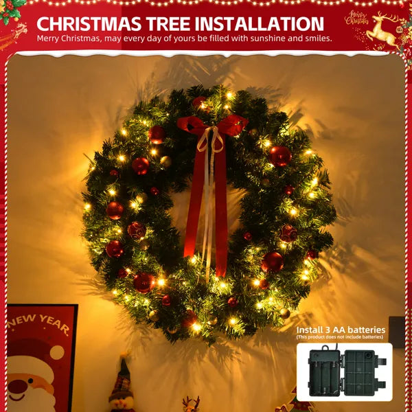 36-Inch Pre-Lit Battery Powered Christmas Wreath with 80 Warm Lights & 18 DIY Ornaments
