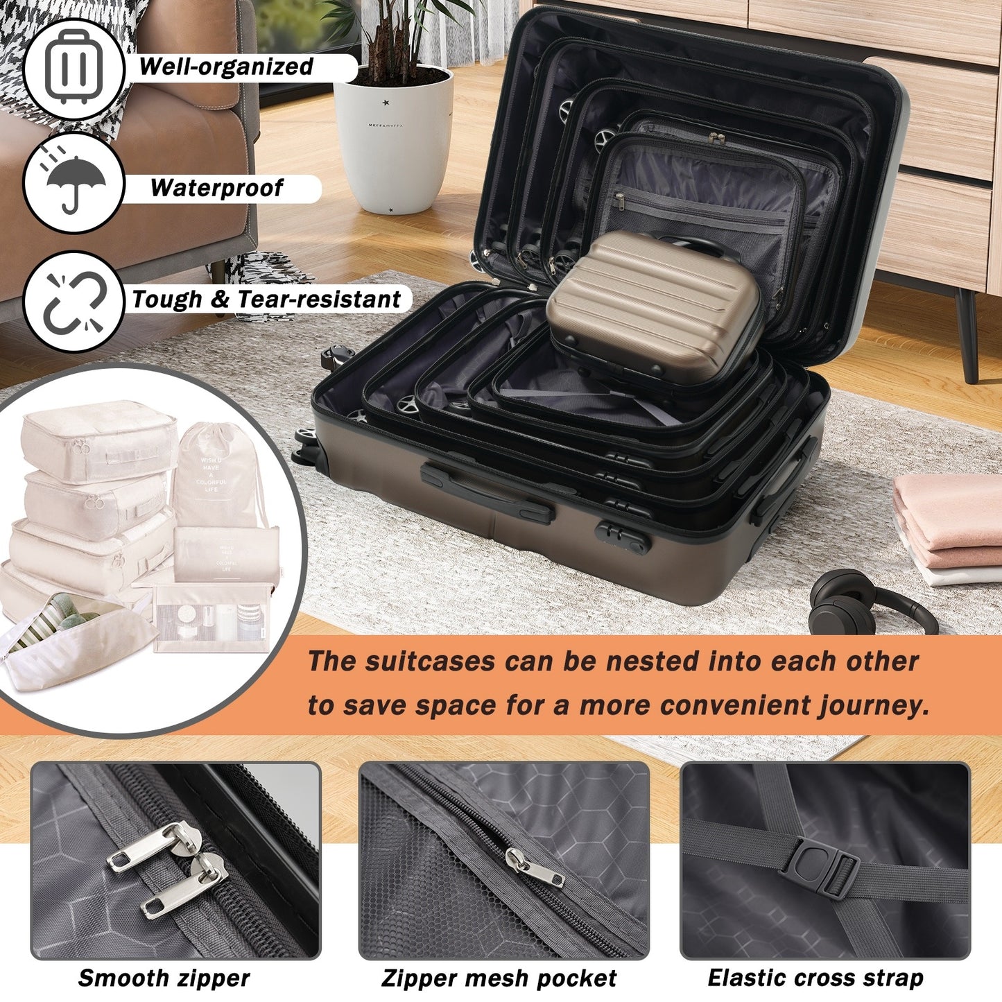 Lightweight Hardshell ABS Luggage Set - 4 Sizes, Brown