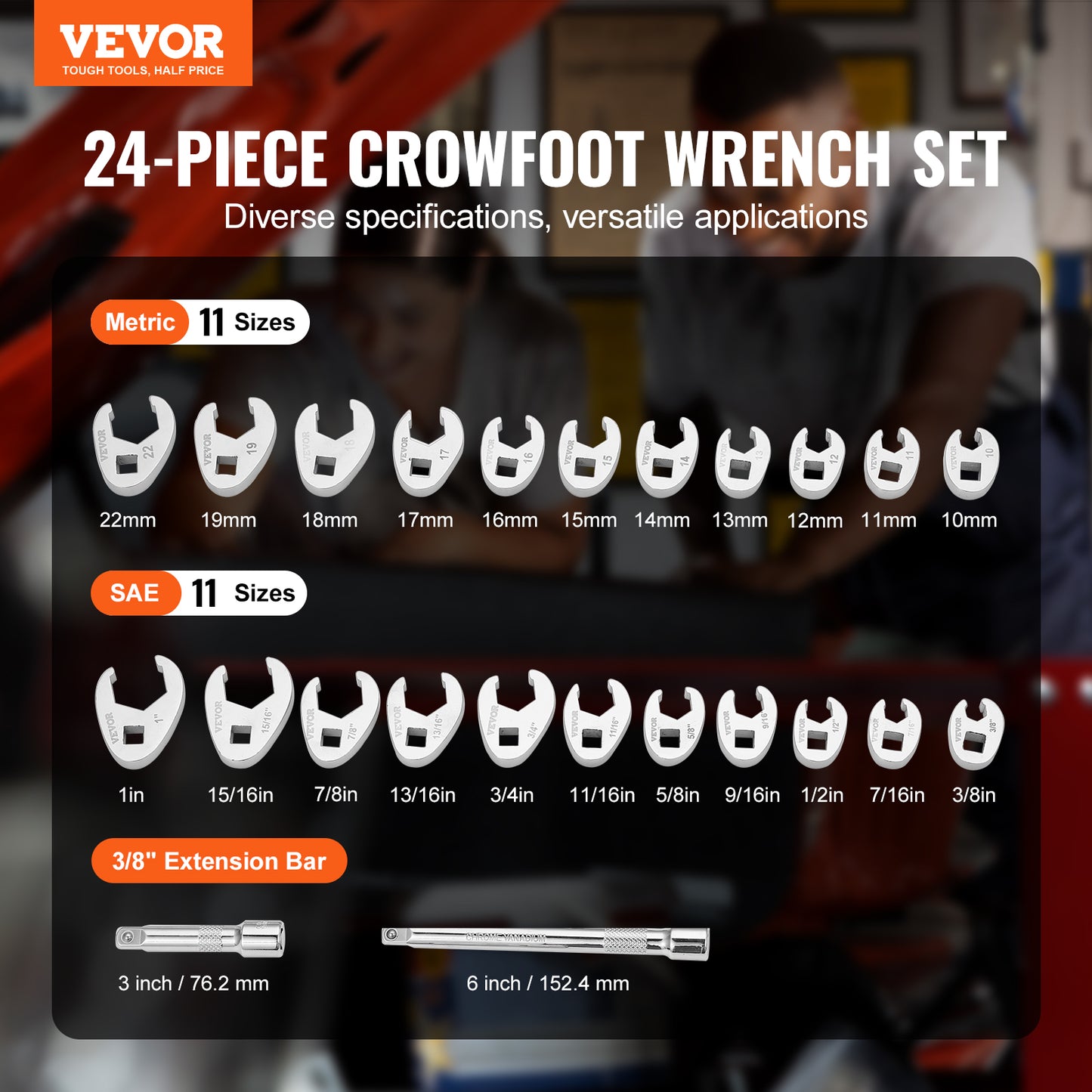 24-Piece Crowfoot Wrench Set with Extension Bars - SAE and Metric CR-MO Steel