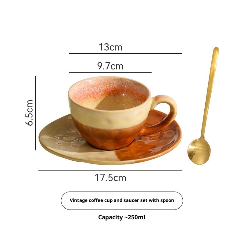 Kiln-Fired Retro-Style Ceramic Coffee Cup - Embossed Milk Mug with Optional Spoon