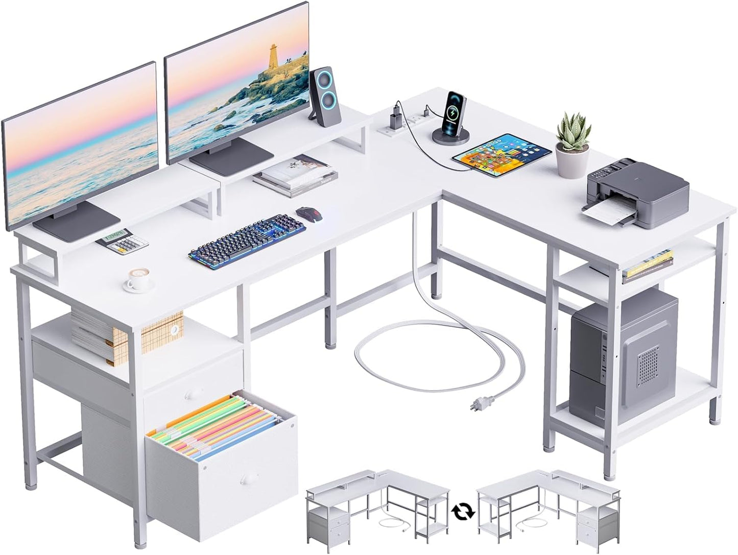 L-Shaped Office Desk with Power Socket & Dual Monitor Stands - White
