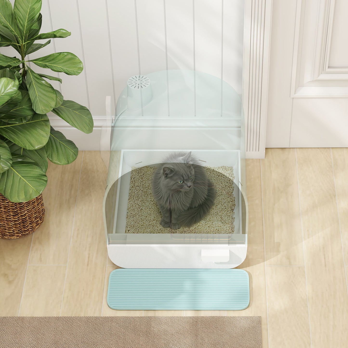 Enclosed Cat Litter Box with Lid, Drawer, Scoop & Mat - Green, 475x455x460 mm