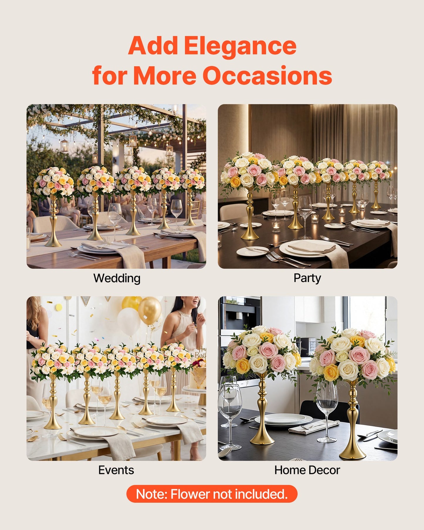 16 Pcs Tall Wedding Flower Vases - Gold Crystal Banquet Centerpieces for Party & Home Decor