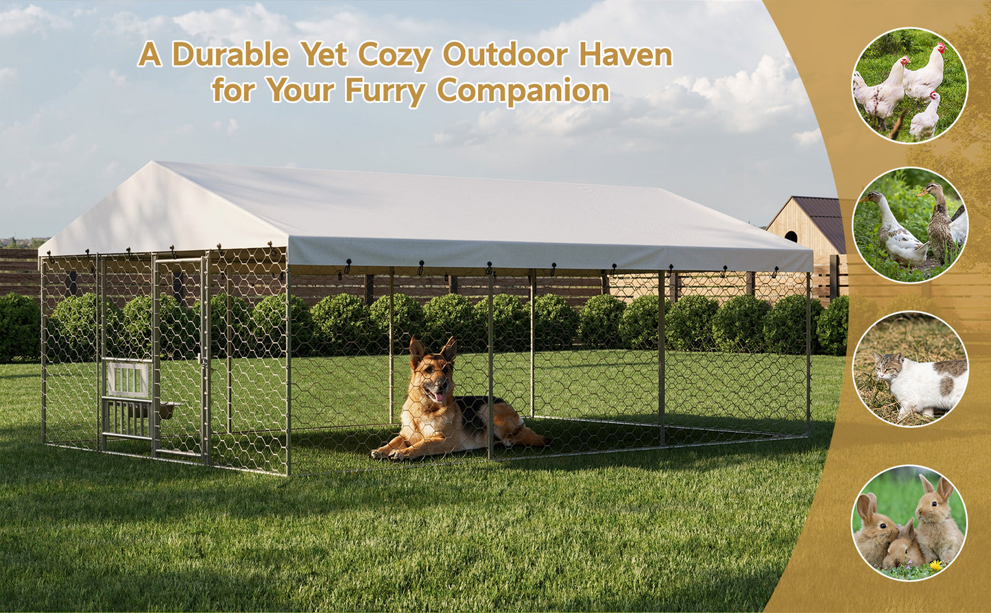 Large Outdoor Dog Kennel with Canopy - Heavy Duty Steel Frame, Waterproof Cover, Elevated Feeders, Escape-Proof Locking for Large Dogs