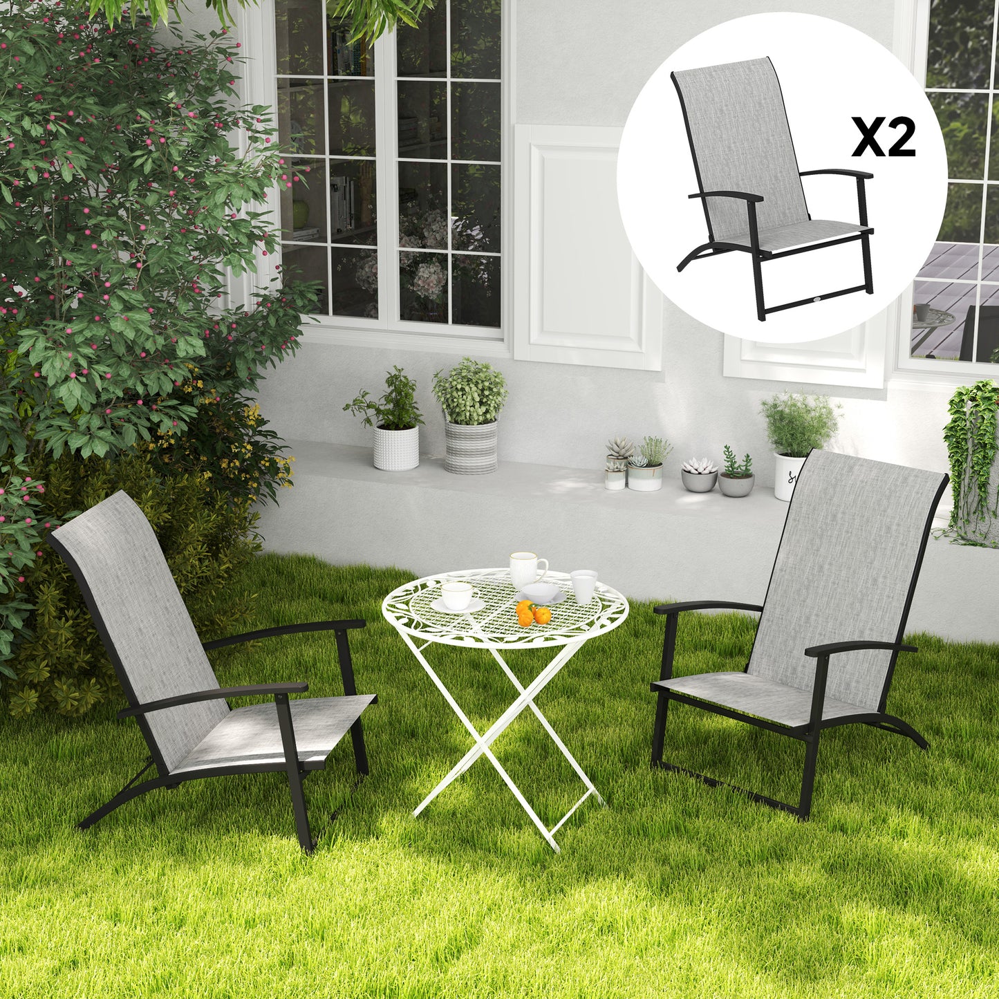Set of 2 Folding Outdoor Dining Chairs - High Back & Armrests, Gray