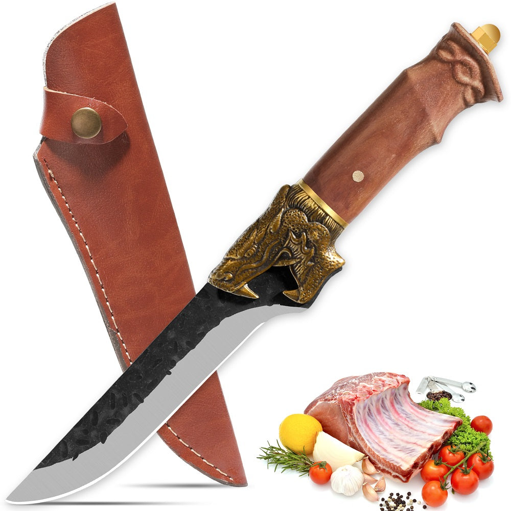 Hand Forged Camping Knife with Dragon Head Handle & Leather Sheath