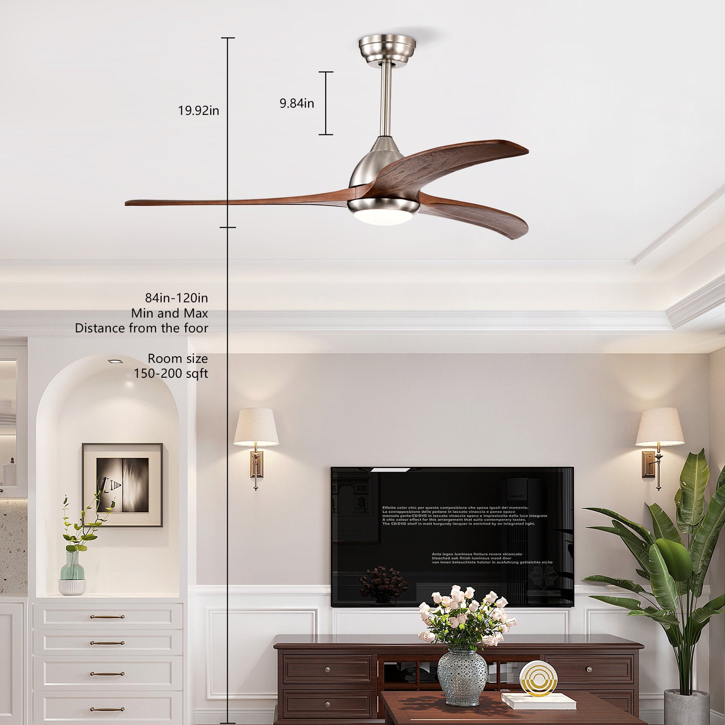 52" Solid Wood Blades Ceiling Fan with Light & Remote Control - Nickel