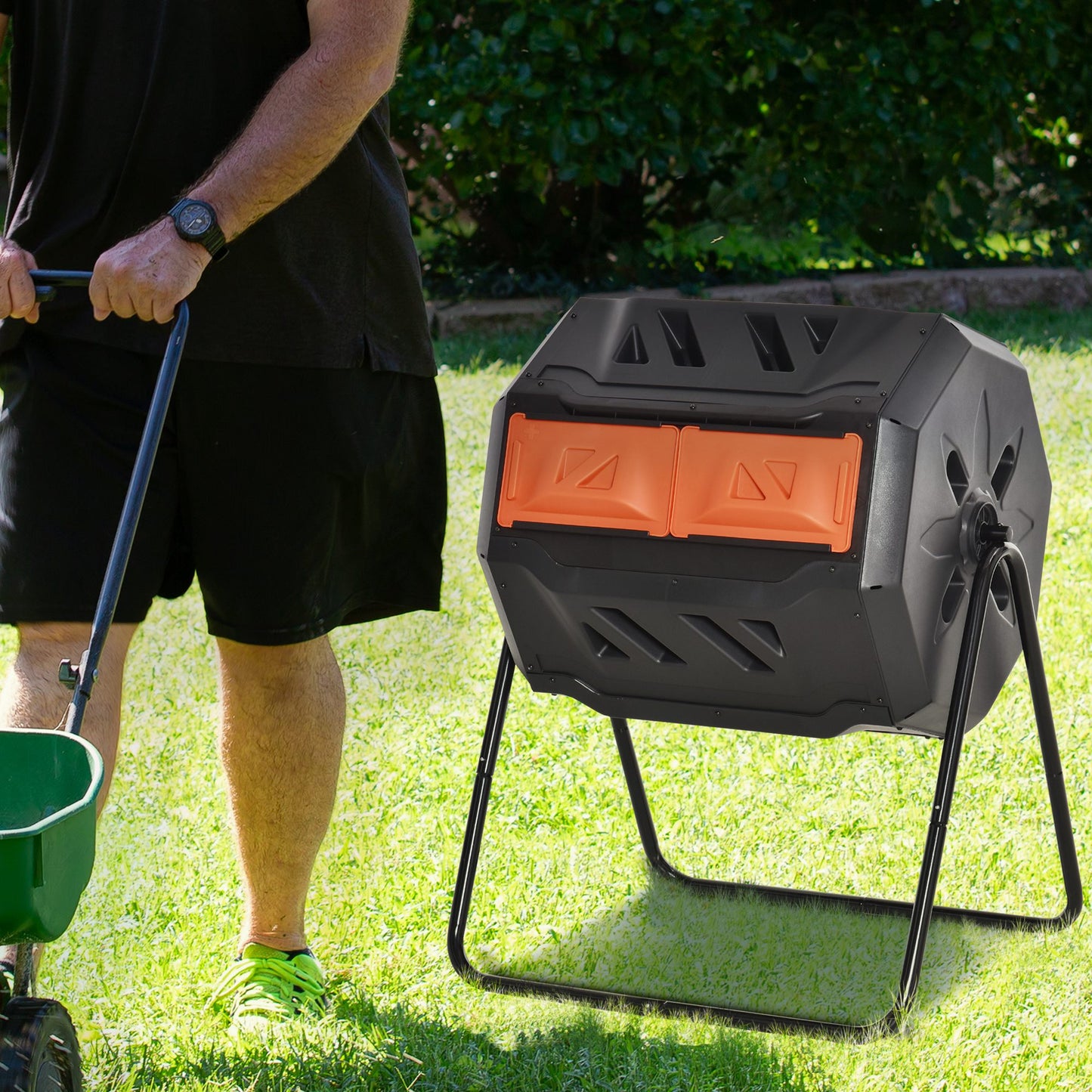 Outdoor 360° Rotating Compost Bin - Dual Chamber Garden Tumbler 43 Gallon