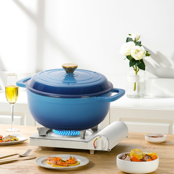 6QT Cast Iron Enamel Cooking Pot - Gradient Blue with Gloves