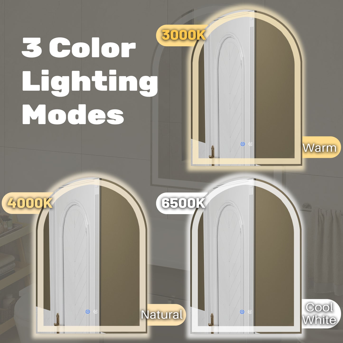 Smart Anti-Fog LED Bathroom Mirror - Arch Shape, Dual Light, 3 Color Temperatures, Memory Dimming