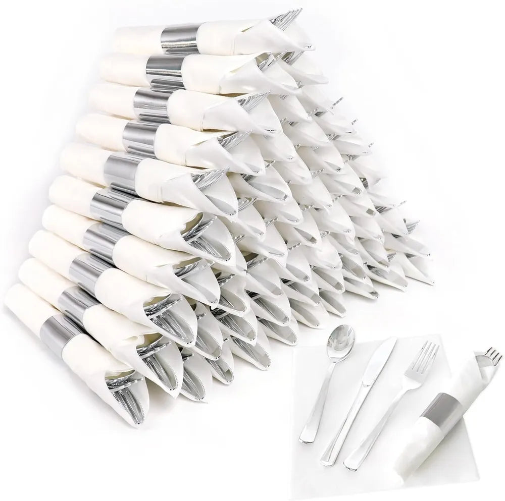 50 Pack Rose Gold Plastic Cutlery Set with Black Napkins - Wrapped