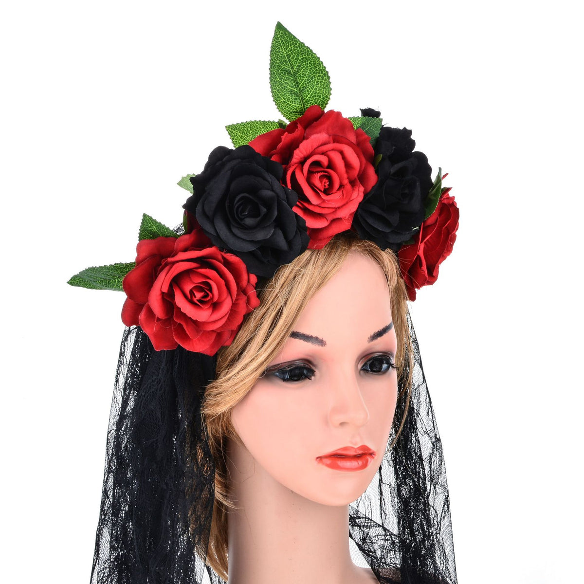Artificial Rose Flower Headband with Lace Veil