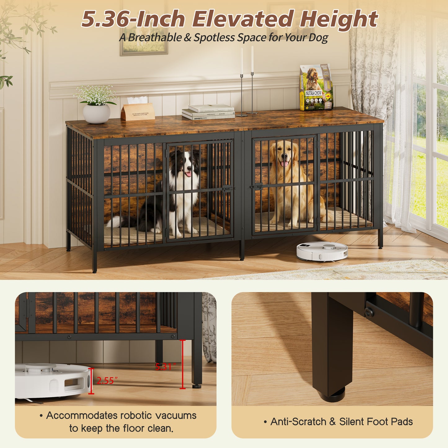 80 Dog Crate End Table, Heavy Duty 2-Door Indoor Pet Kennel,