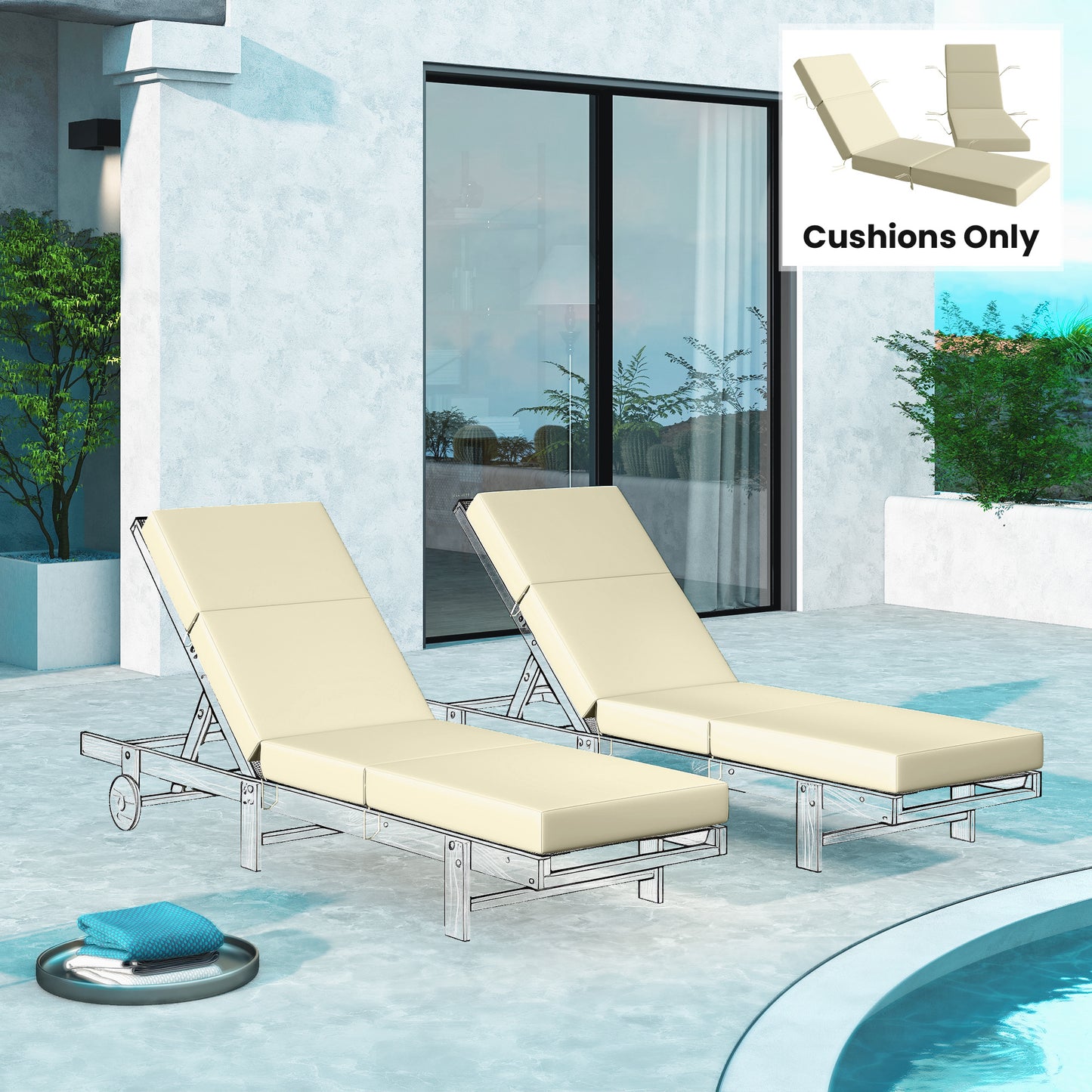 Outdoor Lounge Chair Cushions - Set of 2, 4" Thick, Cream White