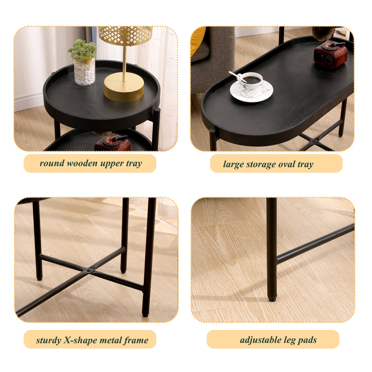 2-Tier Black Side Table with Storage - Metal Frame & Wood Design