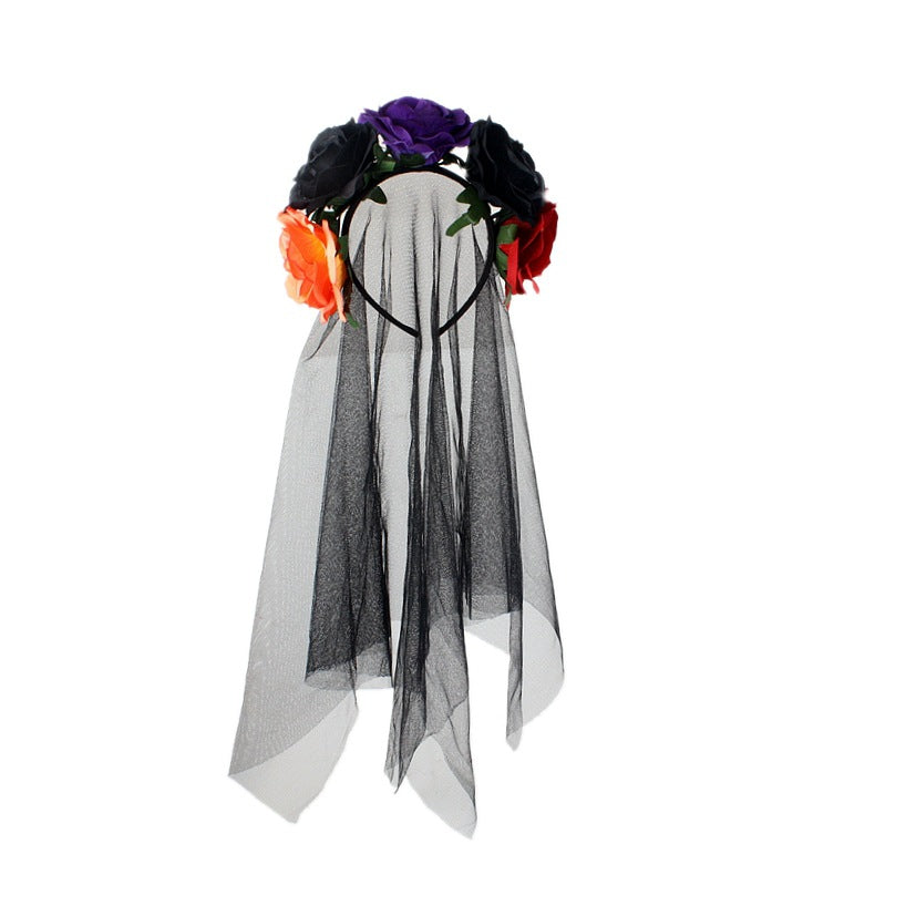 Halloween Witch Headband with Rose Flower & Veil