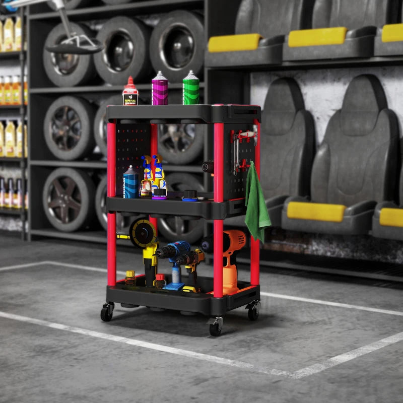 3-Tier Rolling Tool Cart - 200 LBS Capacity Plastic Utility Cart - Black & Red