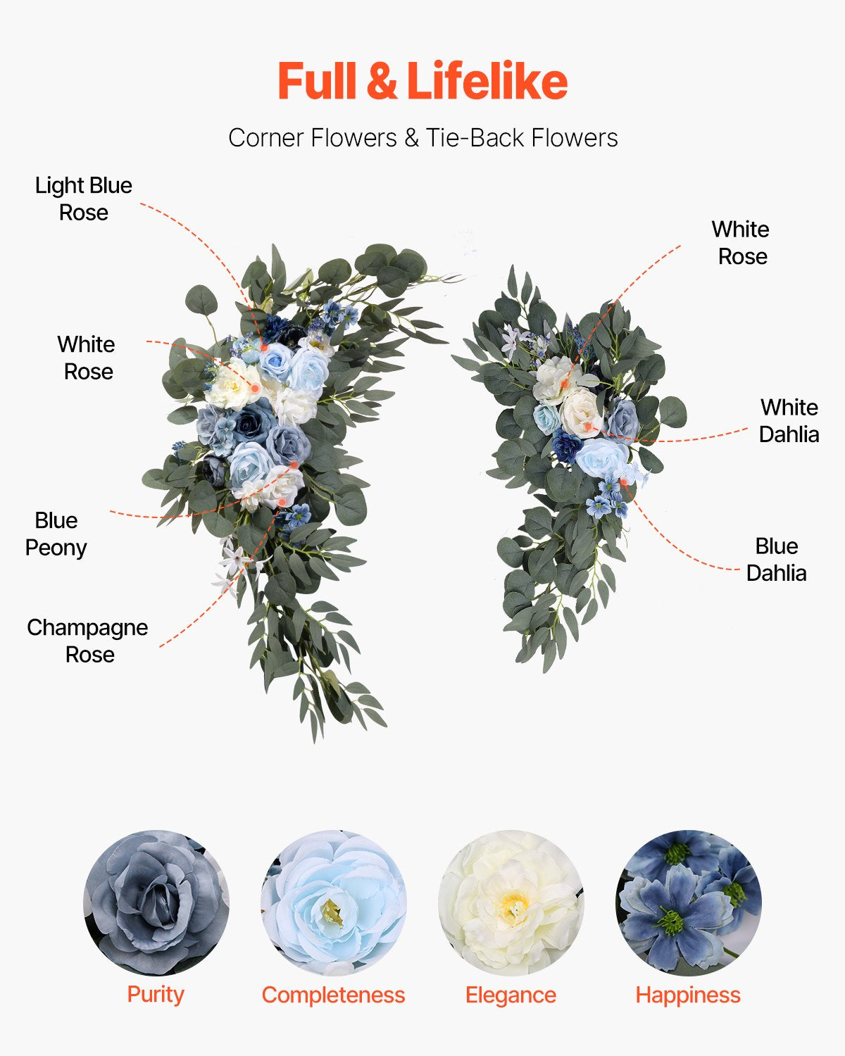 Artificial Wedding Arch Flowers Kit with 21ft Draping Fabric for Weddings - Blue & White