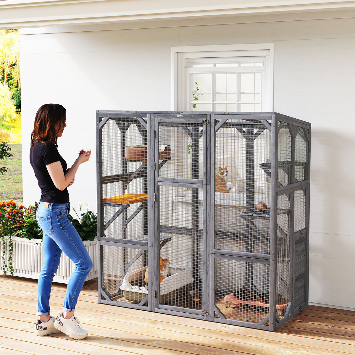 Large Wooden Catio Outdoor Enclosure with 6 Jumping Platforms for 1-3 Cats - Weatherproof Roof, Gray, 59 x 28 x 60 Inches